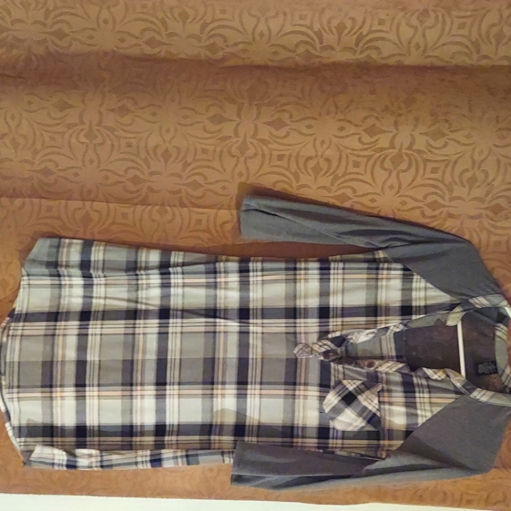 Grey and white flannel dress. light pink lines
